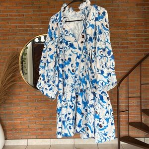 Blue, white and black print dress, size small